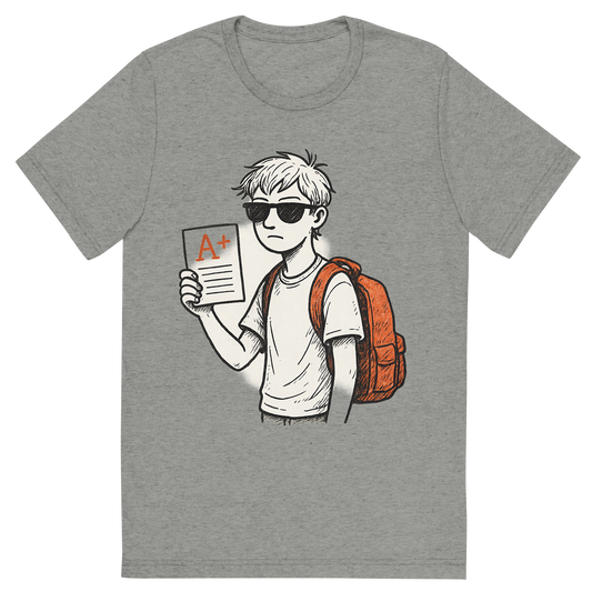 Front view of a Premium Tri-Blend Crew Neck T-Shirt in Athletic Grey showing 'A hand-drawn ink with pop color, ironic graphic of a cool student with a slouched backpack and sunglasses holding a perfect report card, with graffiti-style text: “honor roll rebel”. hand-drawn ink, subtle pop color, transparent background, centered layout, dtg optimized.'