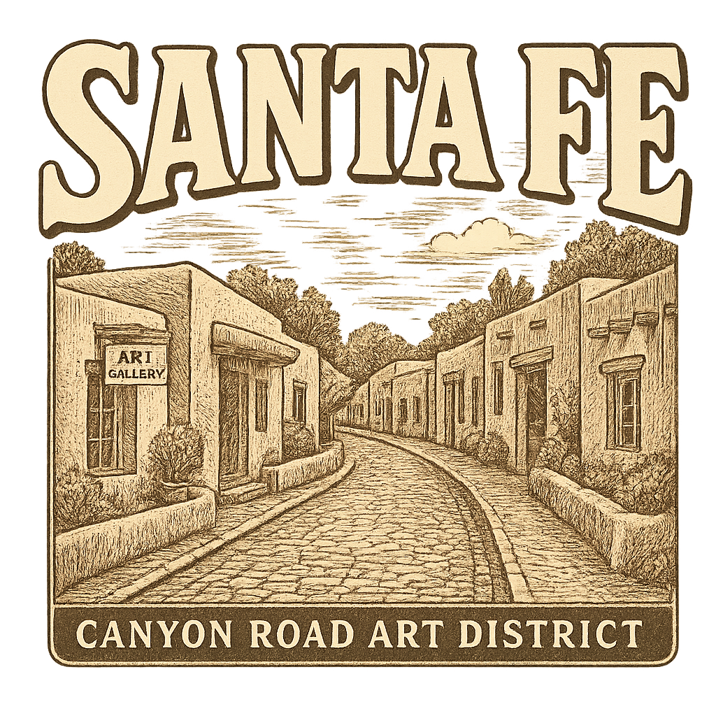 A typographic, nostalgic graphic of a typographic illustration of the words 'santa fe' with a vintage line art drawing of the canyon road art district – a t-shirt design