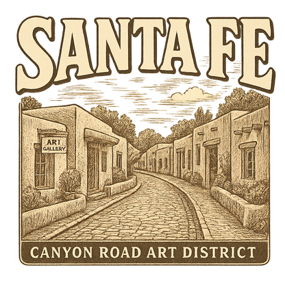 A typographic, nostalgic graphic of a typographic illustration of the words 'santa fe' with a vintage line art drawing of the canyon road art district – a t-shirt design