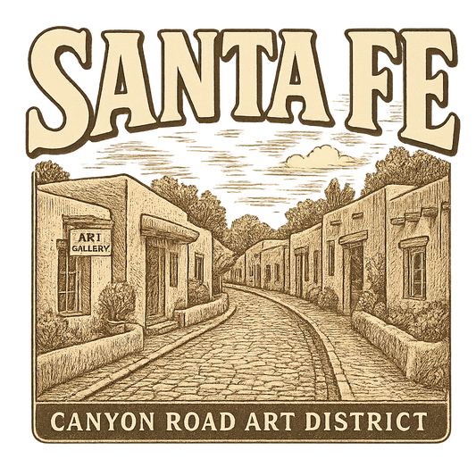 A typographic, nostalgic graphic of a typographic illustration of the words 'santa fe' with a vintage line art drawing of the canyon road art district – a t-shirt design