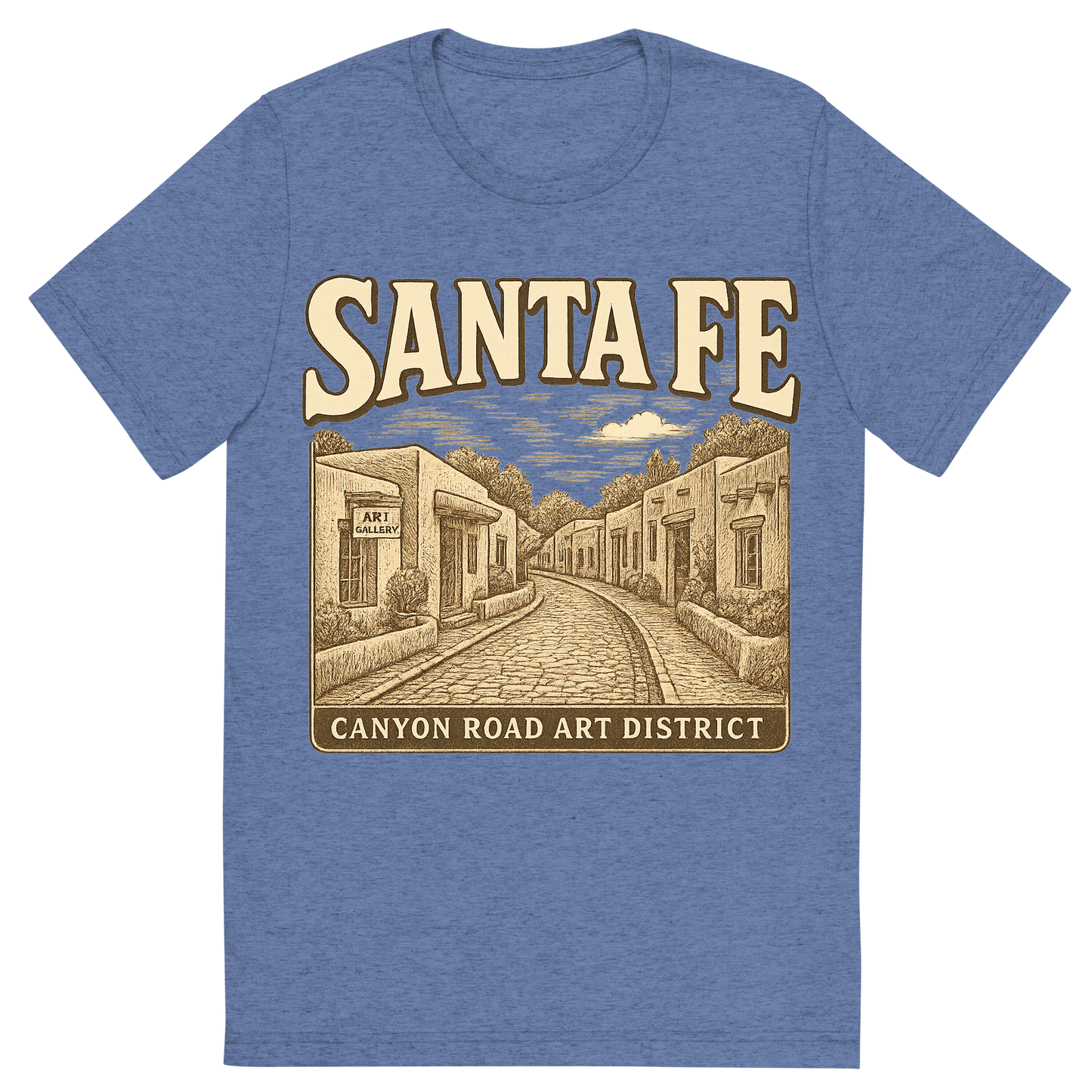 Front view of a Premium Tri-Blend Crew Neck T-Shirt in Blue showing 'A typographic, nostalgic graphic of a typographic illustration of the words 'santa fe' with a vintage line art drawing of the canyon road art district'