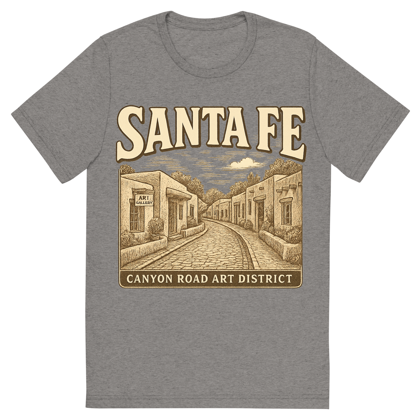 Front view of a Premium Tri-Blend Crew Neck T-Shirt in Grey showing 'A typographic, nostalgic graphic of a typographic illustration of the words 'santa fe' with a vintage line art drawing of the canyon road art district'