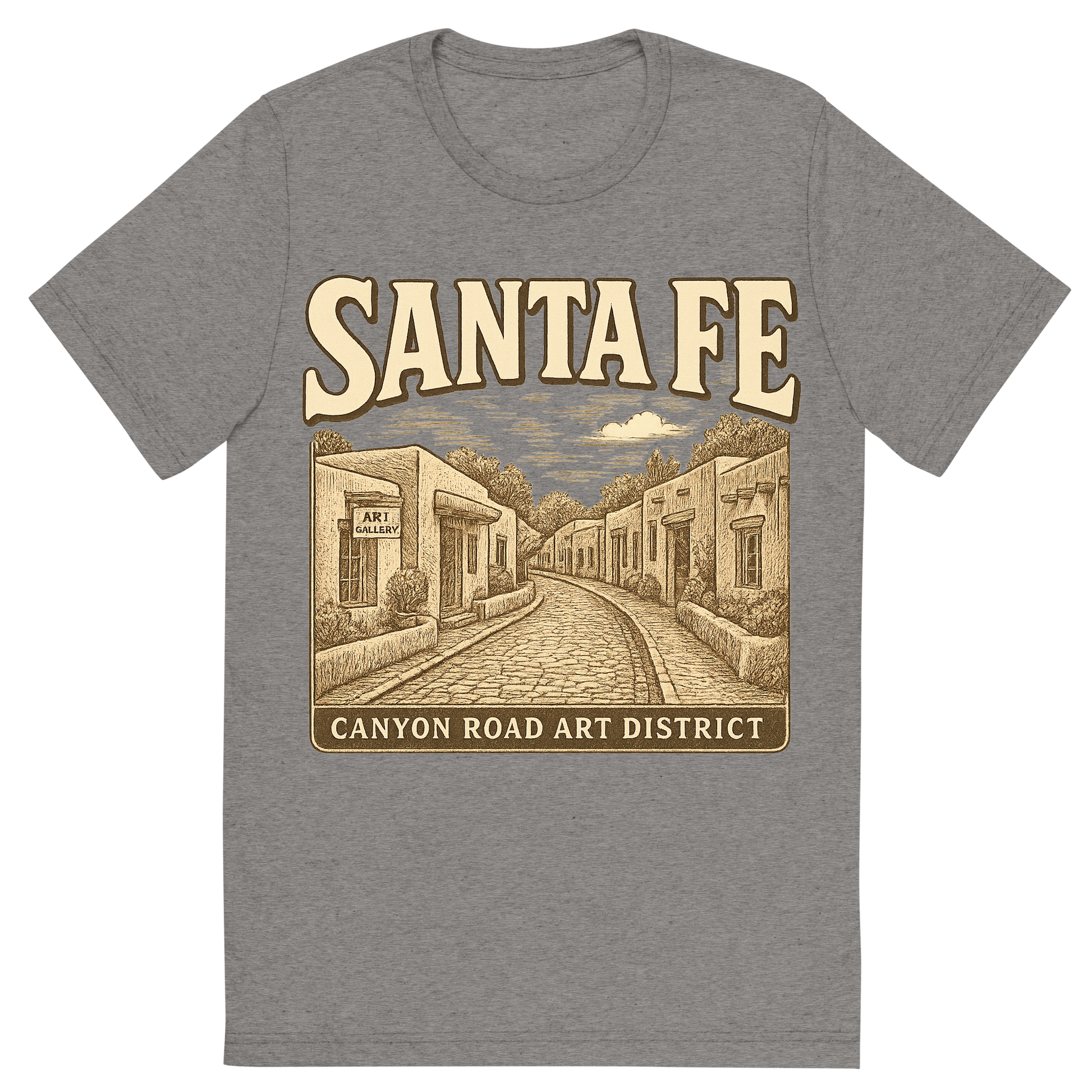 Front view of a Premium Tri-Blend Crew Neck T-Shirt in Grey showing 'A typographic, nostalgic graphic of a typographic illustration of the words 'santa fe' with a vintage line art drawing of the canyon road art district'