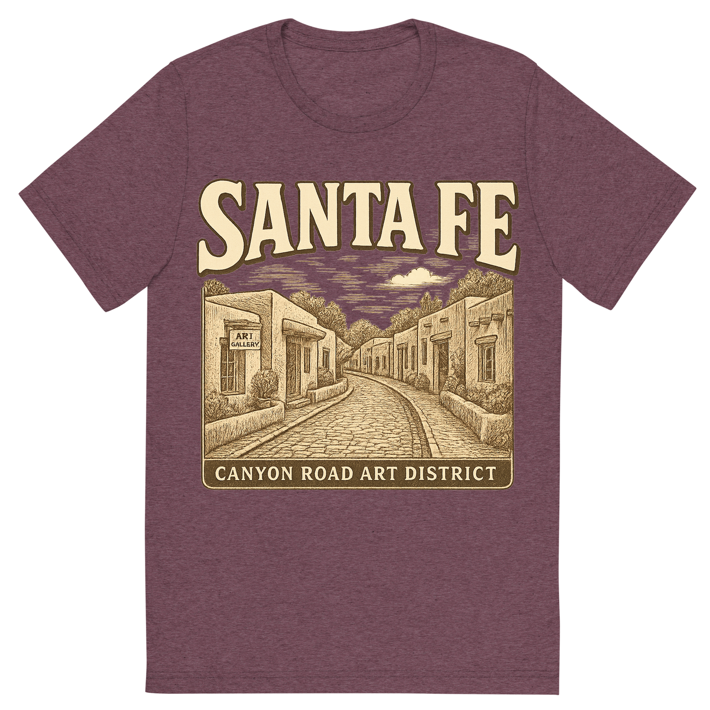 Front view of a Premium Tri-Blend Crew Neck T-Shirt in Maroon showing 'A typographic, nostalgic graphic of a typographic illustration of the words 'santa fe' with a vintage line art drawing of the canyon road art district'