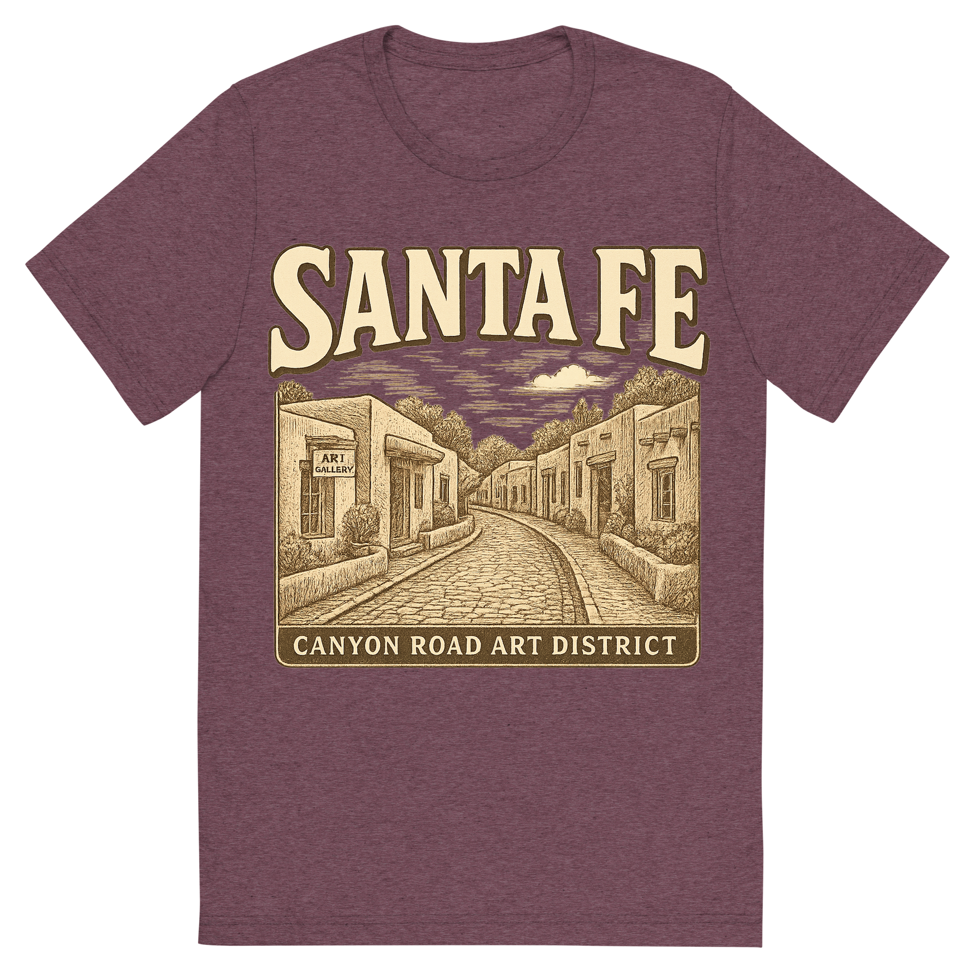 Front view of a Premium Tri-Blend Crew Neck T-Shirt in Maroon showing 'A typographic, nostalgic graphic of a typographic illustration of the words 'santa fe' with a vintage line art drawing of the canyon road art district'