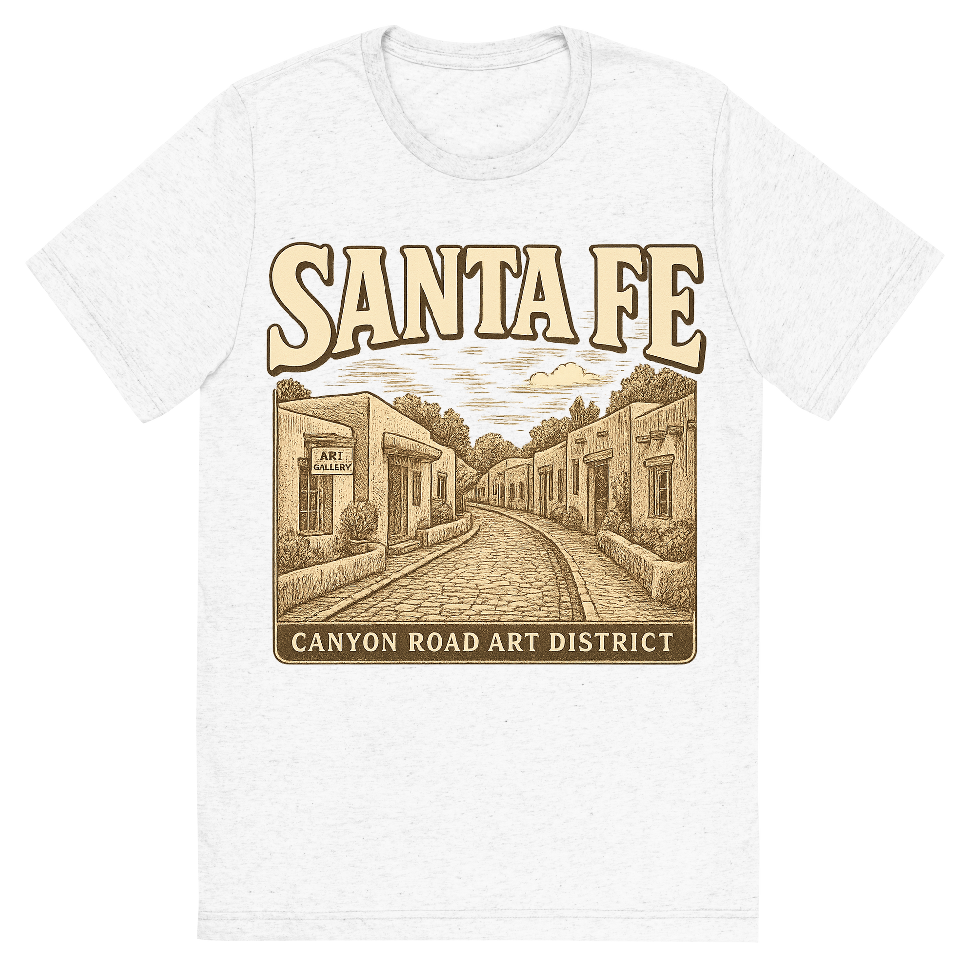 Front view of a Premium Tri-Blend Crew Neck T-Shirt in Solid White showing 'A typographic, nostalgic graphic of a typographic illustration of the words 'santa fe' with a vintage line art drawing of the canyon road art district'