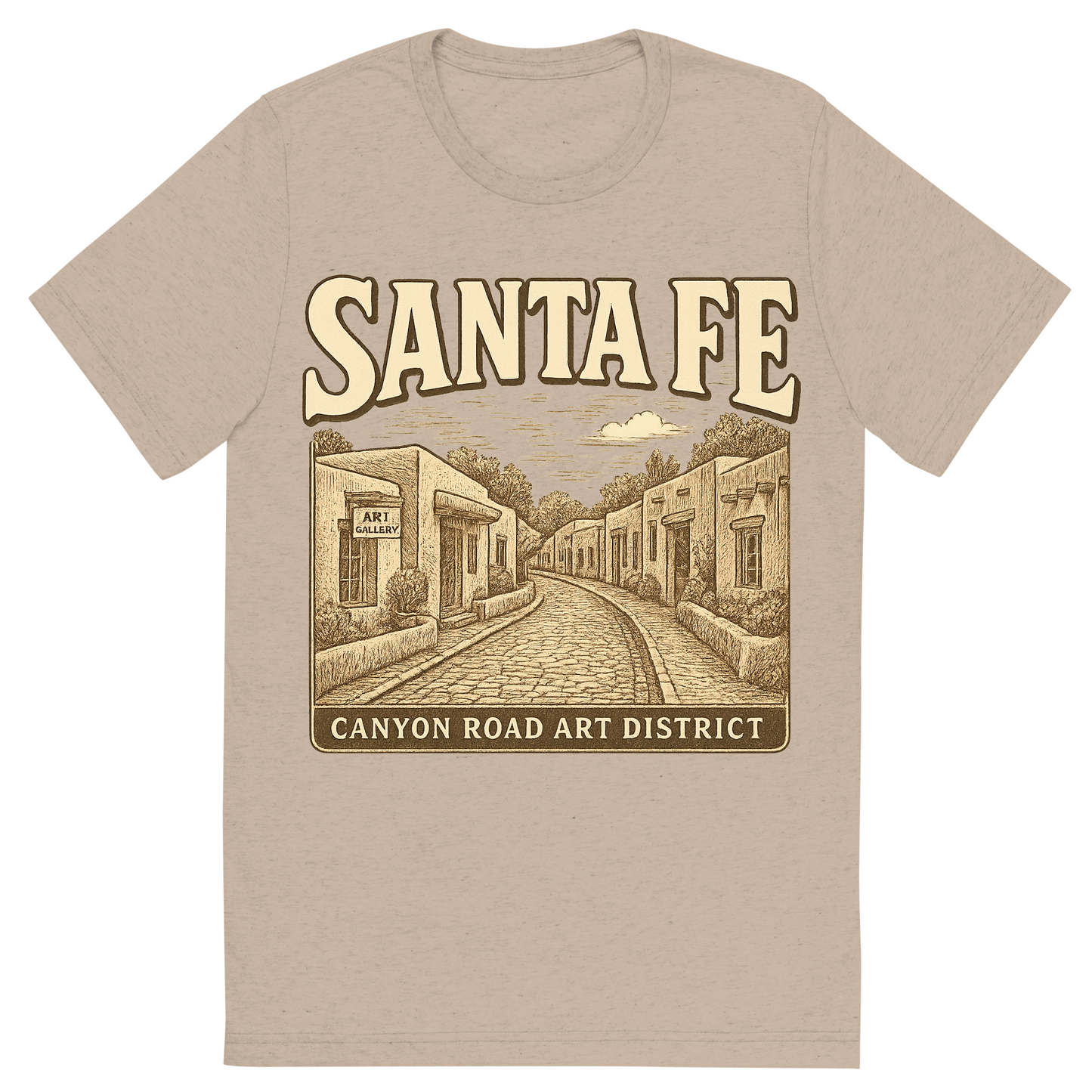Front view of a Premium Tri-Blend Crew Neck T-Shirt in Tan showing 'A typographic, nostalgic graphic of a typographic illustration of the words 'santa fe' with a vintage line art drawing of the canyon road art district'
