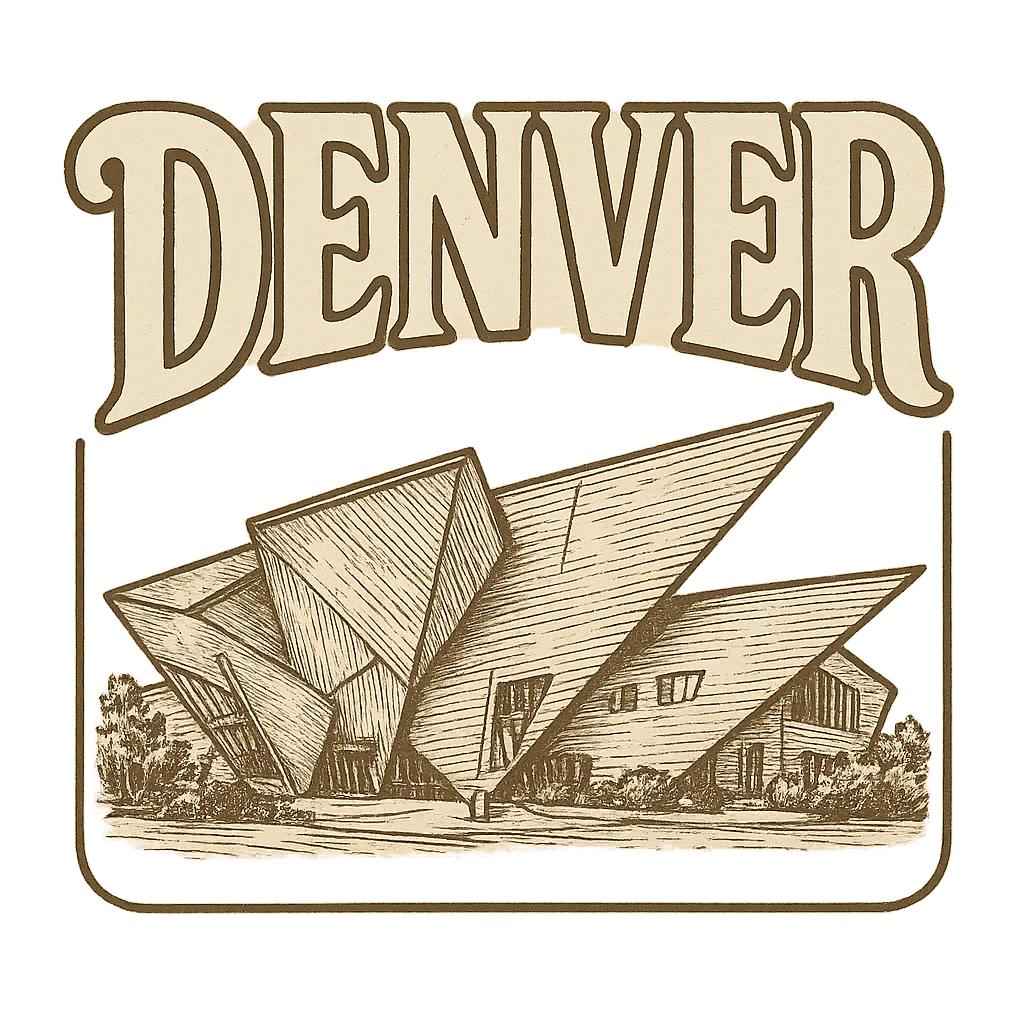 A typographic, nostalgic graphic of a typographic illustration of the words 'denver' with a vintage line art drawing of the denver art museum – a t-shirt design