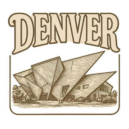A typographic, nostalgic graphic of a typographic illustration of the words 'denver' with a vintage line art drawing of the denver art museum – a t-shirt design