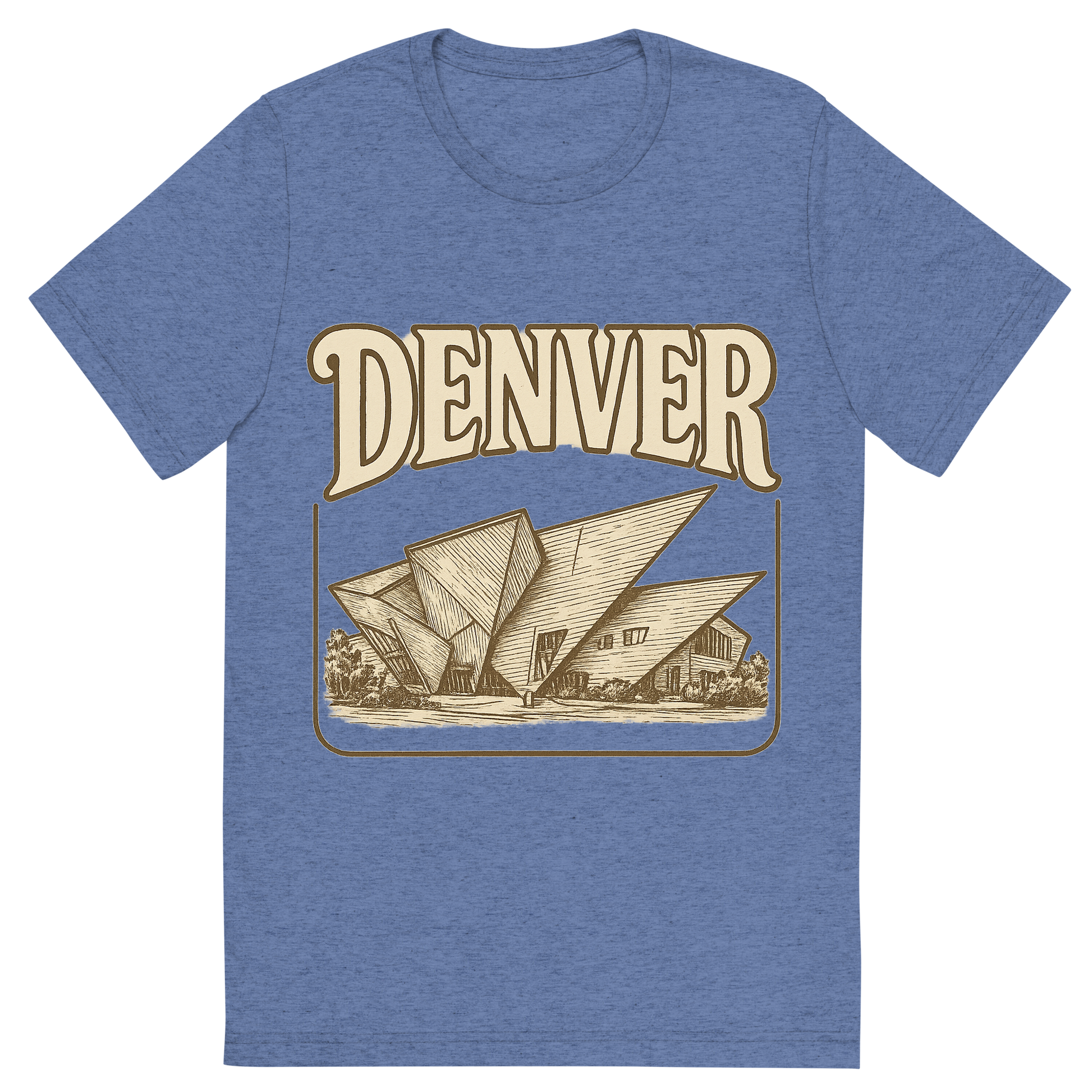Front view of a Premium Tri-Blend Crew Neck T-Shirt in Blue showing 'A typographic, nostalgic graphic of a typographic illustration of the words 'denver' with a vintage line art drawing of the denver art museum'