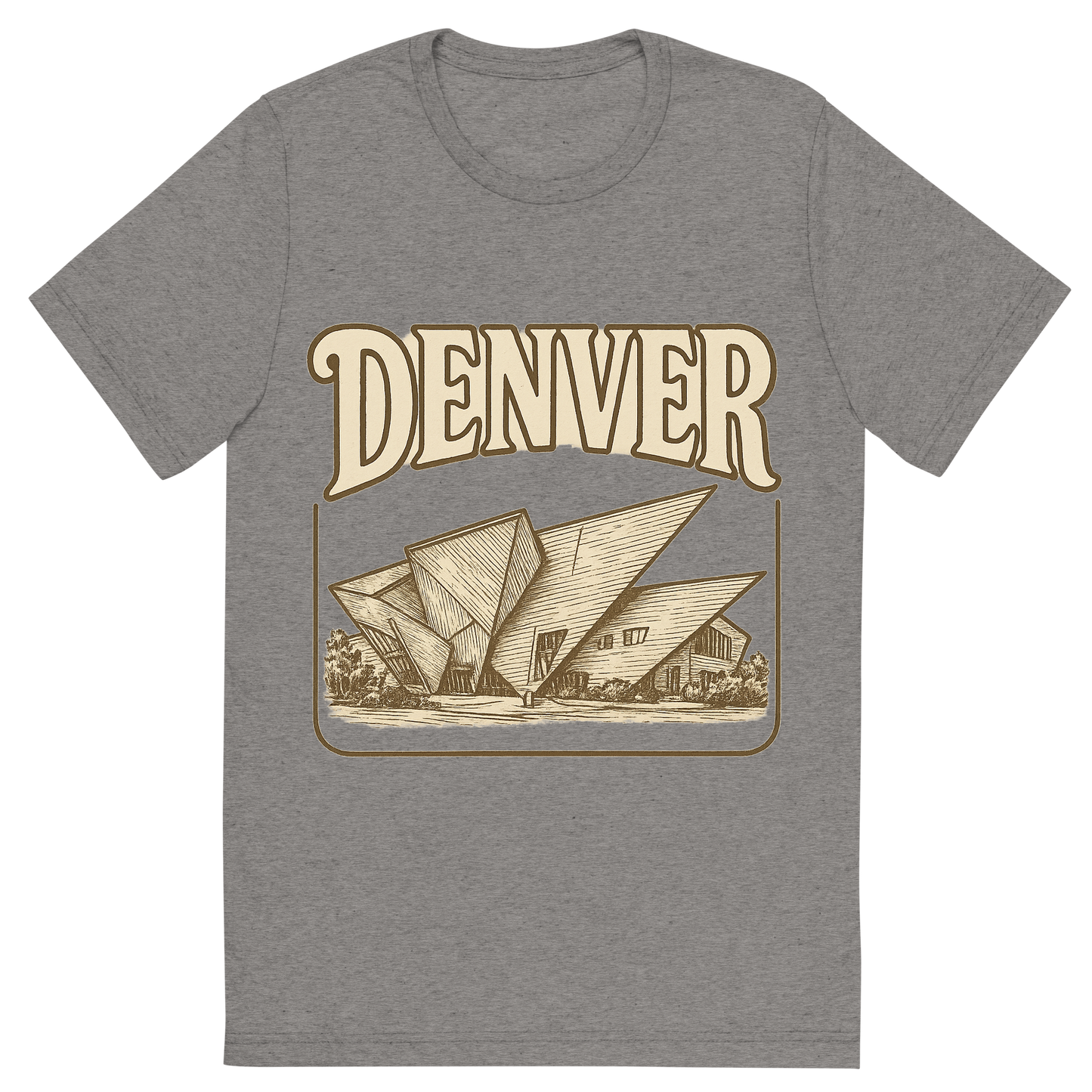 Front view of a Premium Tri-Blend Crew Neck T-Shirt in Grey showing 'A typographic, nostalgic graphic of a typographic illustration of the words 'denver' with a vintage line art drawing of the denver art museum'