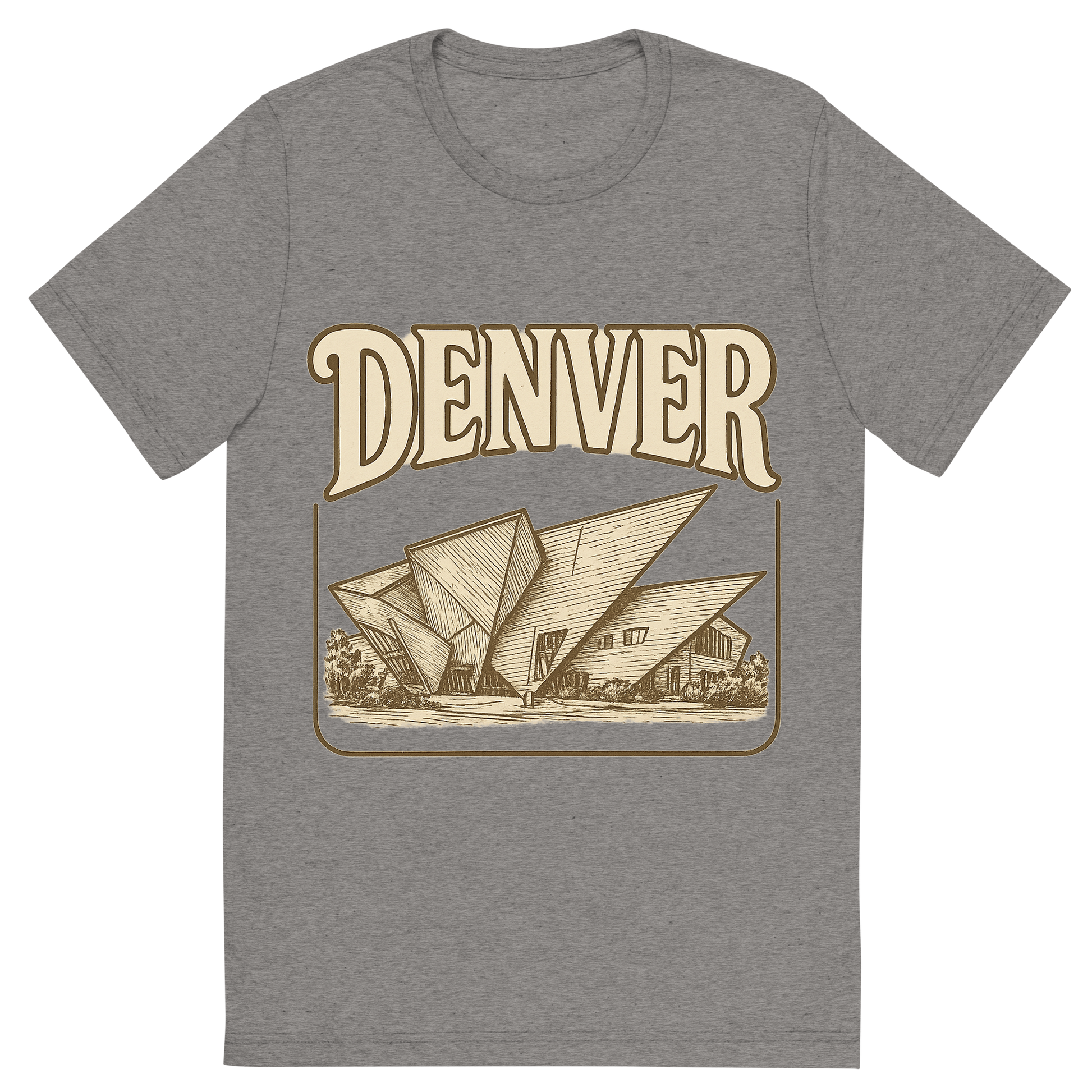 Front view of a Premium Tri-Blend Crew Neck T-Shirt in Grey showing 'A typographic, nostalgic graphic of a typographic illustration of the words 'denver' with a vintage line art drawing of the denver art museum'