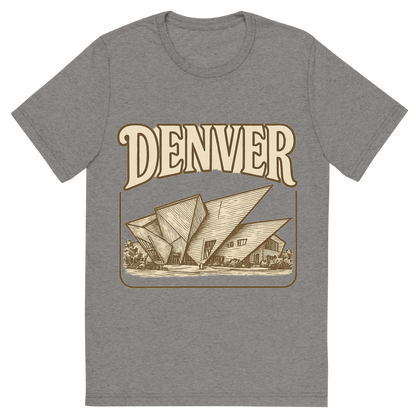 Front view of a Premium Tri-Blend Crew Neck T-Shirt in Grey showing 'A typographic, nostalgic graphic of a typographic illustration of the words 'denver' with a vintage line art drawing of the denver art museum'