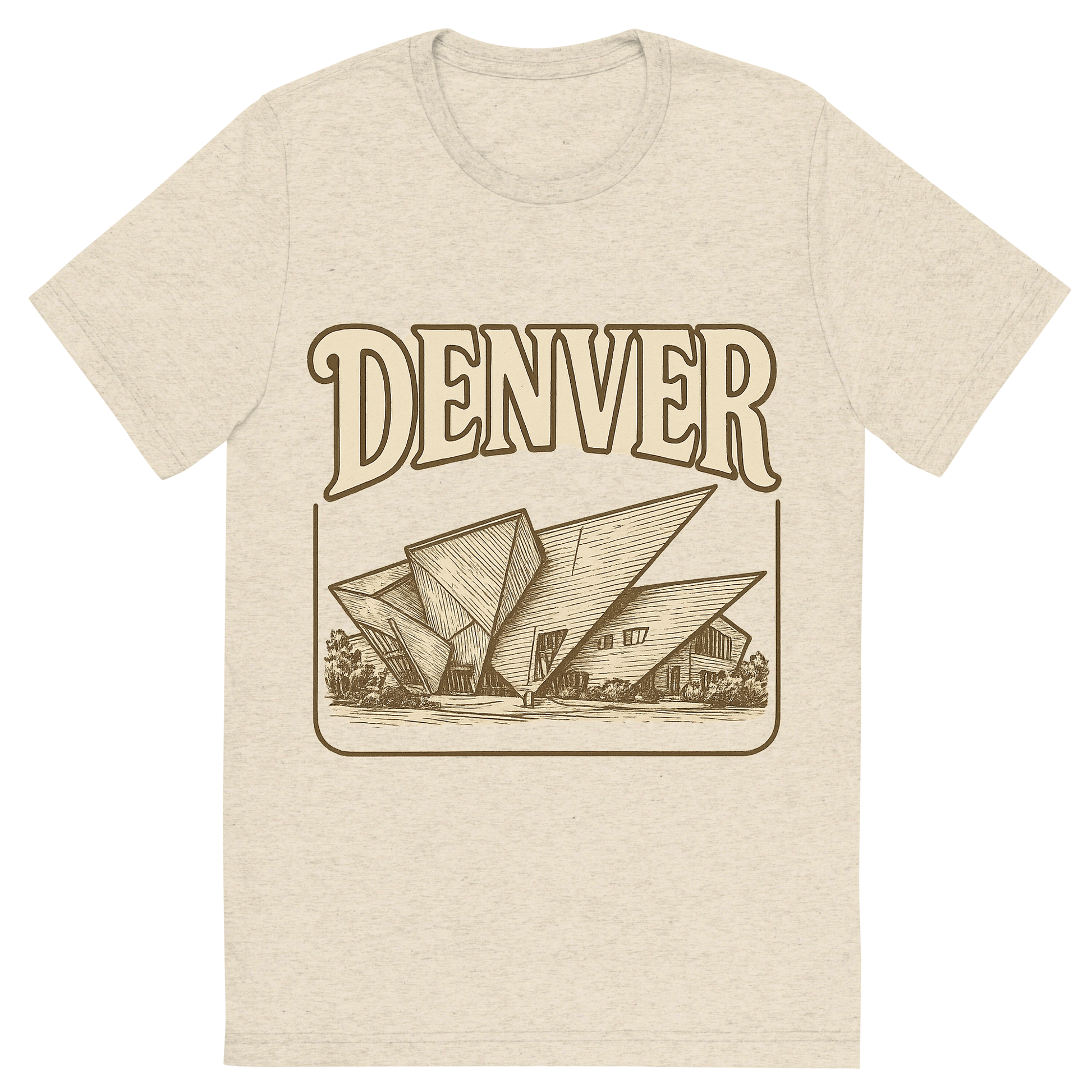 Front view of a Premium Tri-Blend Crew Neck T-Shirt in Oatmeal showing 'A typographic, nostalgic graphic of a typographic illustration of the words 'denver' with a vintage line art drawing of the denver art museum'