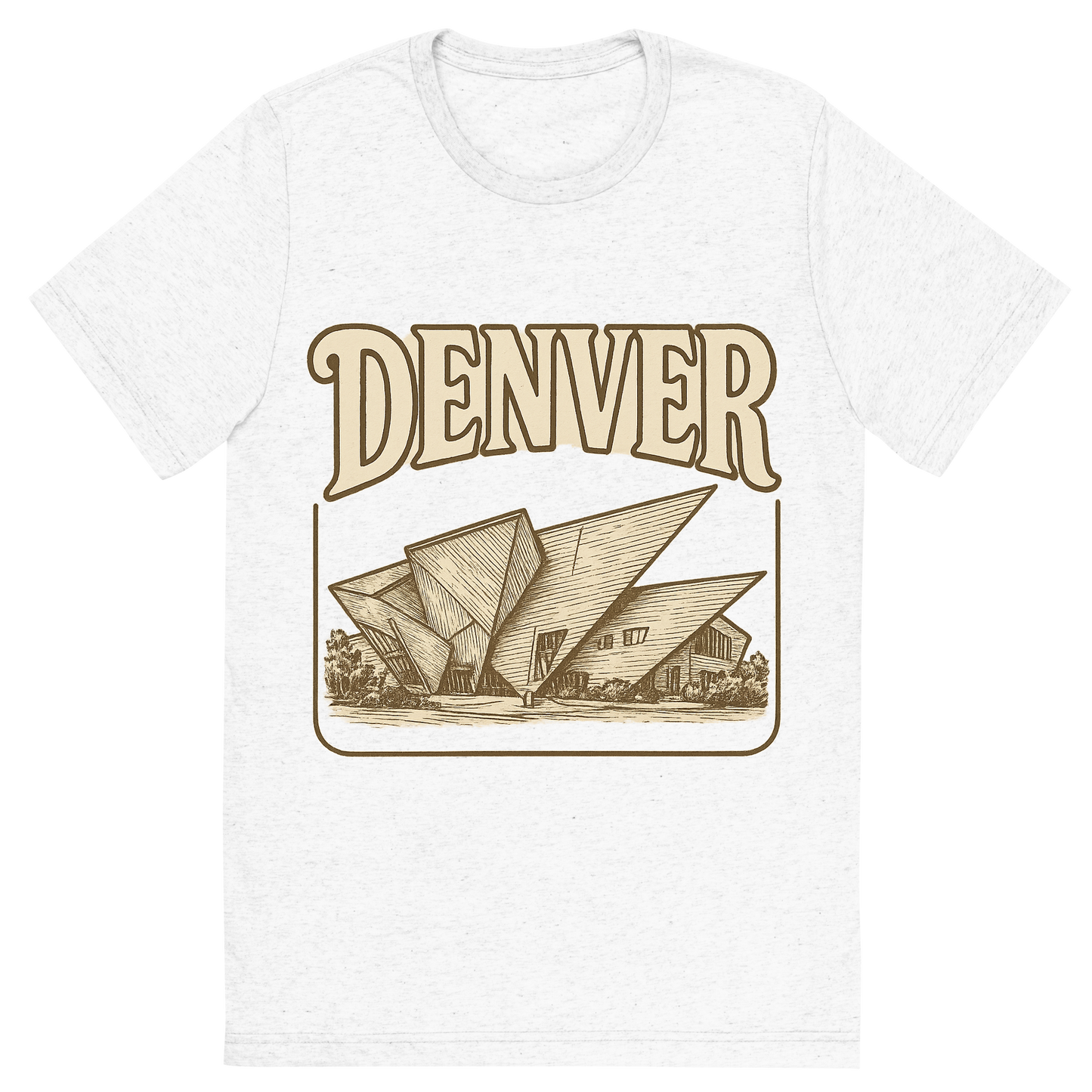 Front view of a Premium Tri-Blend Crew Neck T-Shirt in Solid White showing 'A typographic, nostalgic graphic of a typographic illustration of the words 'denver' with a vintage line art drawing of the denver art museum'