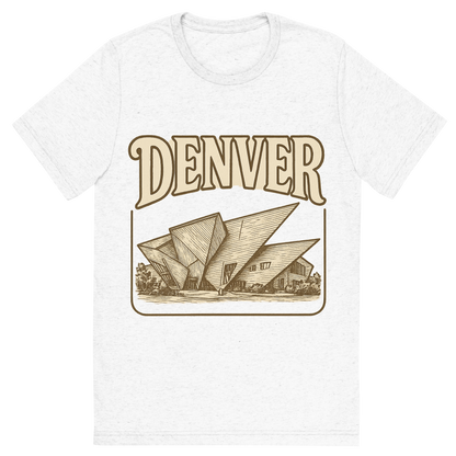 Front view of a Premium Tri-Blend Crew Neck T-Shirt in Solid White showing 'A typographic, nostalgic graphic of a typographic illustration of the words 'denver' with a vintage line art drawing of the denver art museum'