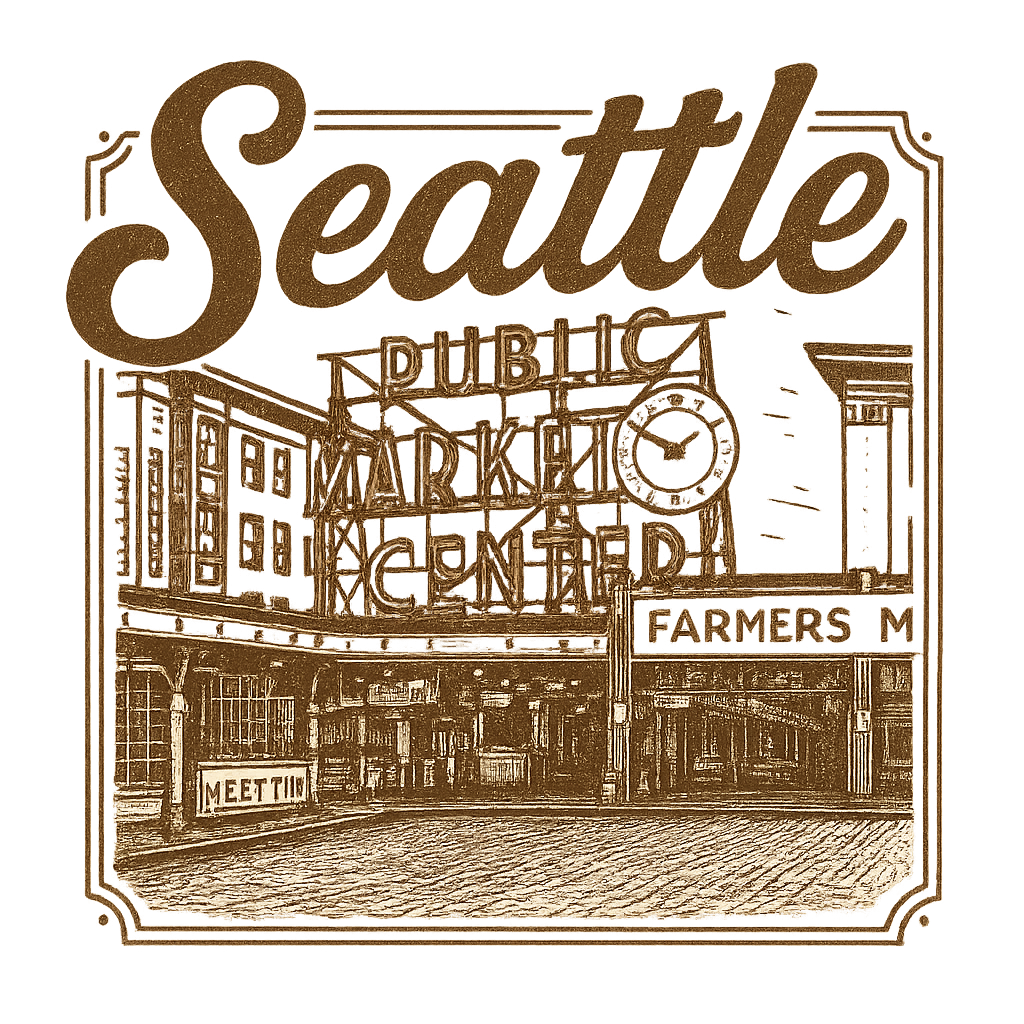A typographic, nostalgic graphic of a typographic illustration of the words 'seattle' with a vintage line art drawing of the pike place market – a t-shirt design