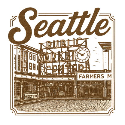 A typographic, nostalgic graphic of a typographic illustration of the words 'seattle' with a vintage line art drawing of the pike place market – a t-shirt design