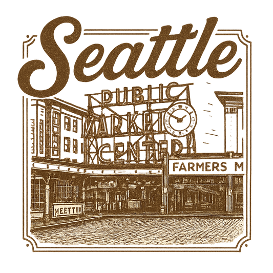 A typographic, nostalgic graphic of a typographic illustration of the words 'seattle' with a vintage line art drawing of the pike place market – a t-shirt design