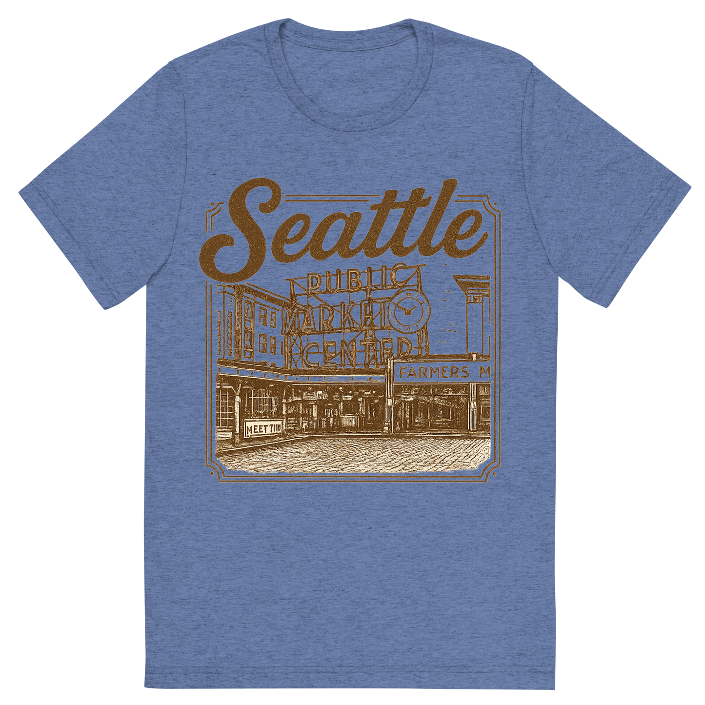 Front view of a Premium Tri-Blend Crew Neck T-Shirt in Blue showing 'A typographic, nostalgic graphic of a typographic illustration of the words 'seattle' with a vintage line art drawing of the pike place market'
