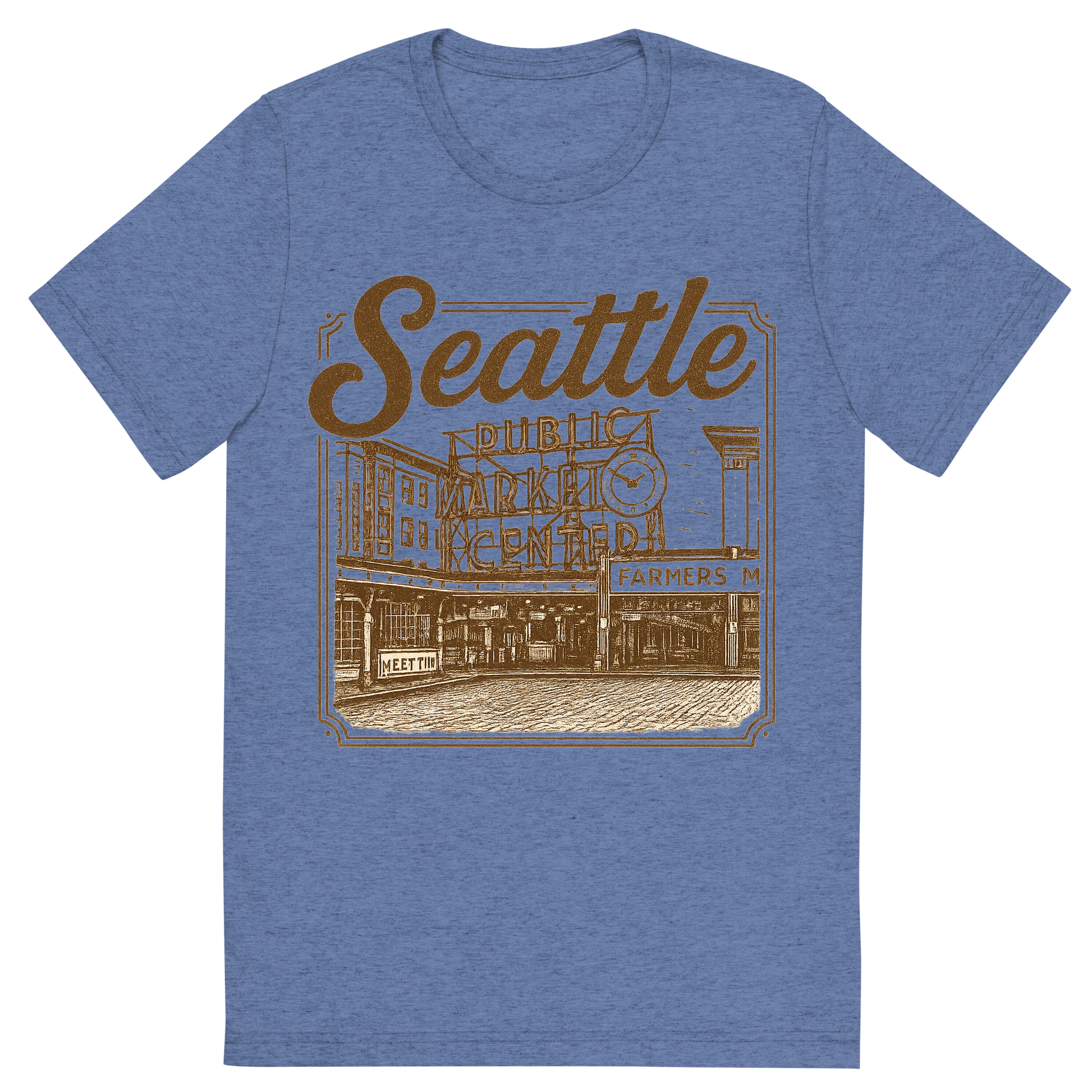 Front view of a Premium Tri-Blend Crew Neck T-Shirt in Blue showing 'A typographic, nostalgic graphic of a typographic illustration of the words 'seattle' with a vintage line art drawing of the pike place market'