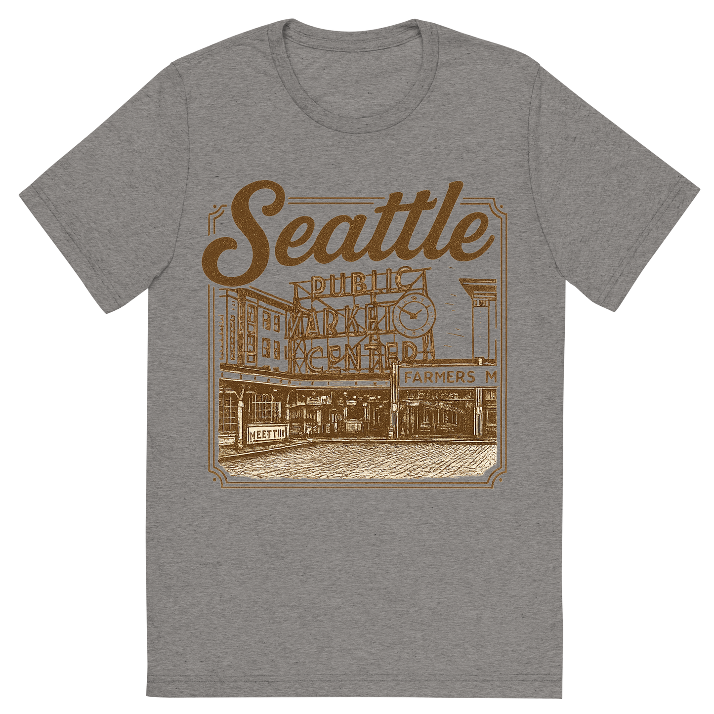 Front view of a Premium Tri-Blend Crew Neck T-Shirt in Grey showing 'A typographic, nostalgic graphic of a typographic illustration of the words 'seattle' with a vintage line art drawing of the pike place market'