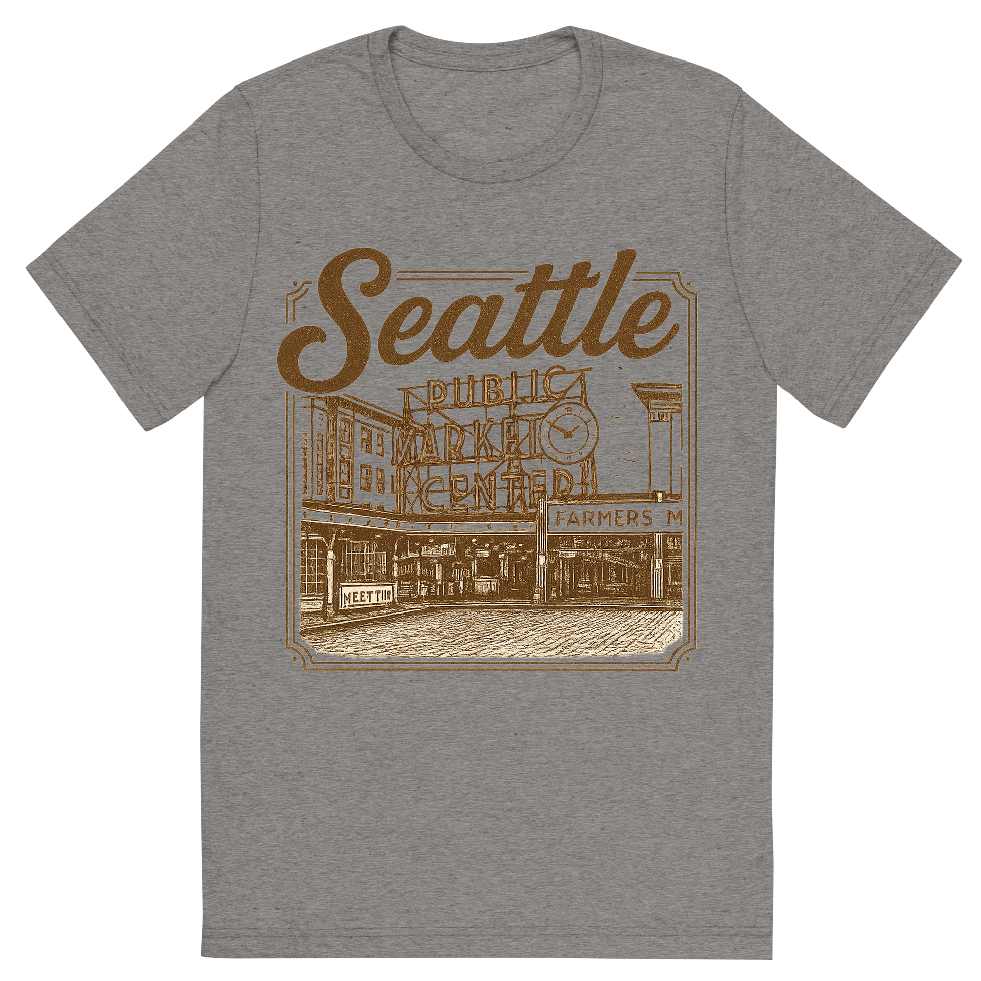 Front view of a Premium Tri-Blend Crew Neck T-Shirt in Grey showing 'A typographic, nostalgic graphic of a typographic illustration of the words 'seattle' with a vintage line art drawing of the pike place market'