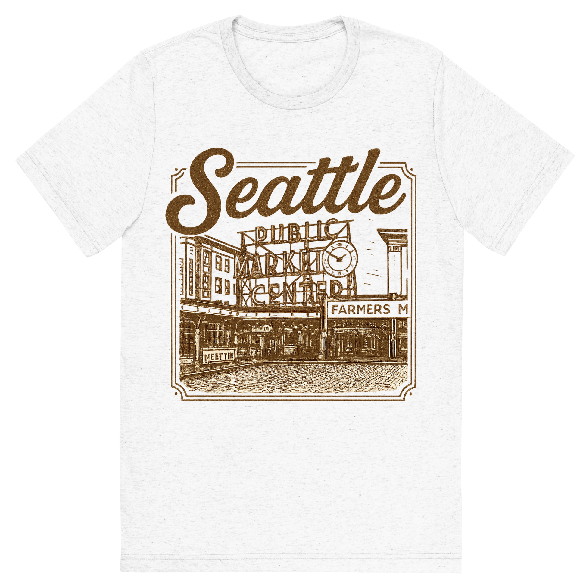Front view of a Premium Tri-Blend Crew Neck T-Shirt in Solid White showing 'A typographic, nostalgic graphic of a typographic illustration of the words 'seattle' with a vintage line art drawing of the pike place market'