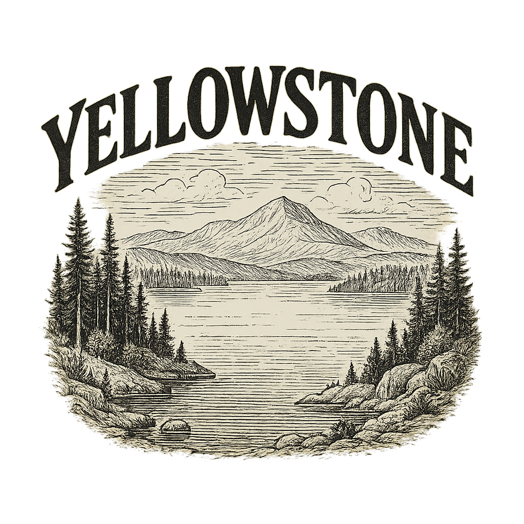 A typographic, nostalgic graphic of a typographic illustration of the words 'yellowstone' with a vintage line art drawing of the yellowstone lake – a t-shirt design