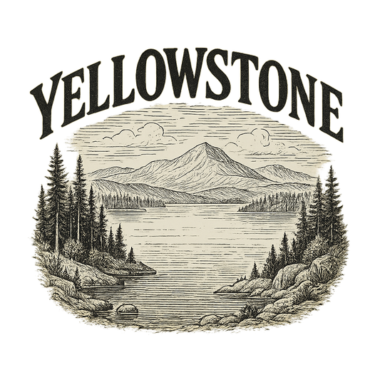A typographic, nostalgic graphic of a typographic illustration of the words 'yellowstone' with a vintage line art drawing of the yellowstone lake – a t-shirt design