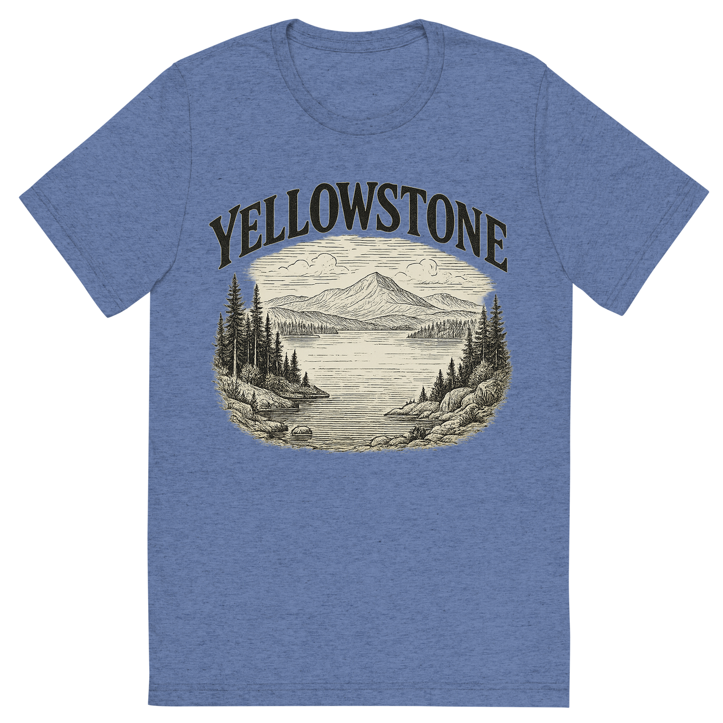 Front view of a Premium Tri-Blend Crew Neck T-Shirt in Blue showing 'A typographic, nostalgic graphic of a typographic illustration of the words 'yellowstone' with a vintage line art drawing of the yellowstone lake'