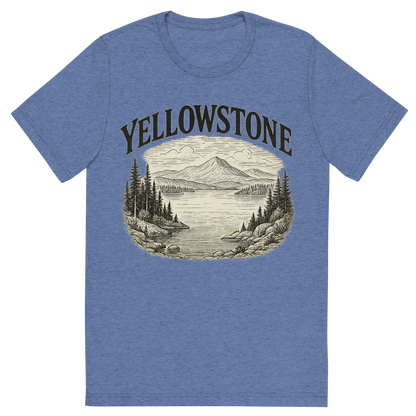 Front view of a Premium Tri-Blend Crew Neck T-Shirt in Blue showing 'A typographic, nostalgic graphic of a typographic illustration of the words 'yellowstone' with a vintage line art drawing of the yellowstone lake'