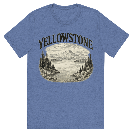 Front view of a Premium Tri-Blend Crew Neck T-Shirt in Blue showing 'A typographic, nostalgic graphic of a typographic illustration of the words 'yellowstone' with a vintage line art drawing of the yellowstone lake'