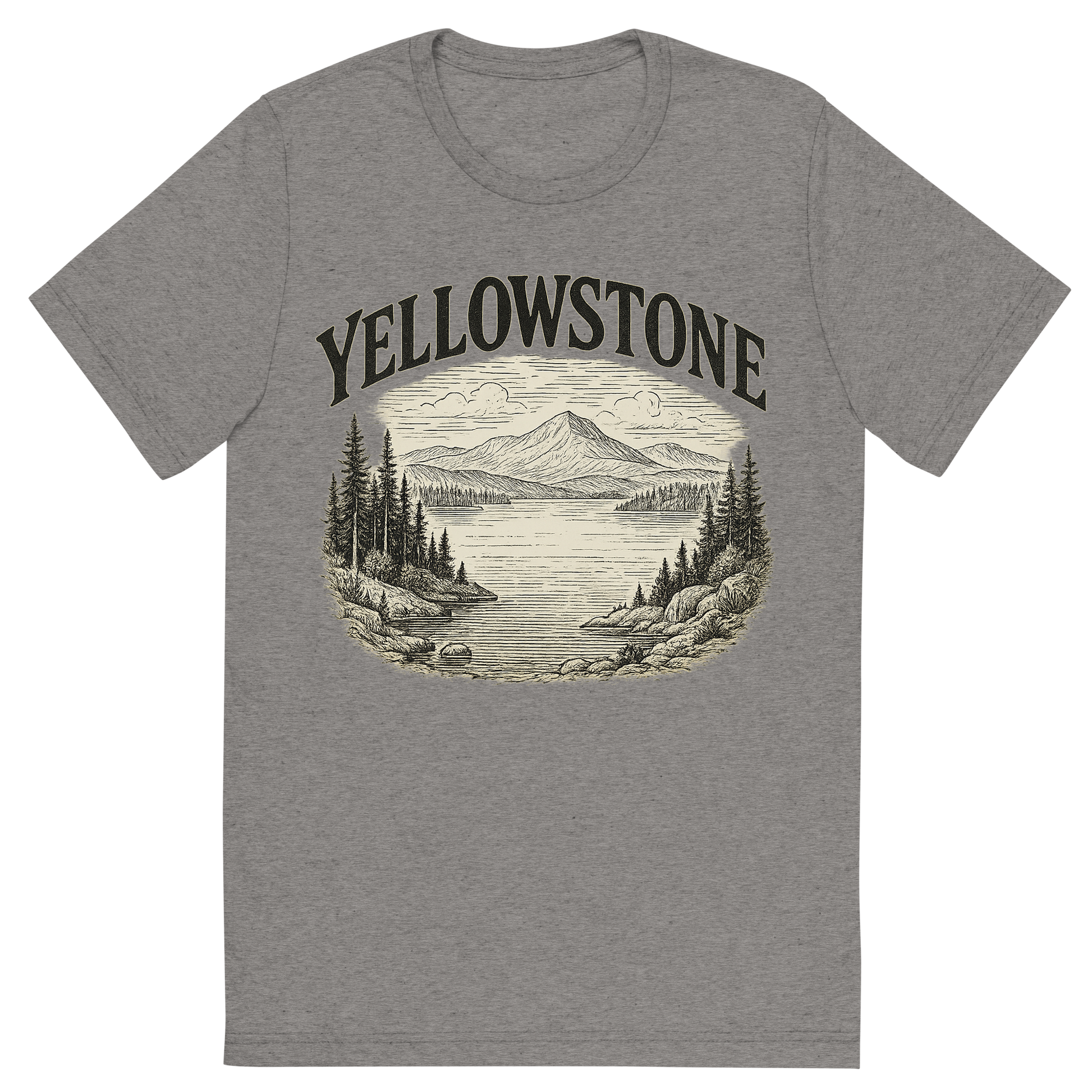 Front view of a Premium Tri-Blend Crew Neck T-Shirt in Grey showing 'A typographic, nostalgic graphic of a typographic illustration of the words 'yellowstone' with a vintage line art drawing of the yellowstone lake'