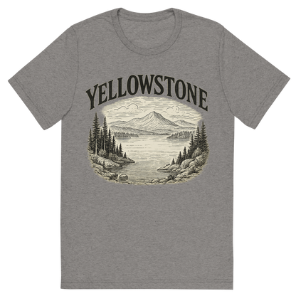 Front view of a Premium Tri-Blend Crew Neck T-Shirt in Grey showing 'A typographic, nostalgic graphic of a typographic illustration of the words 'yellowstone' with a vintage line art drawing of the yellowstone lake'