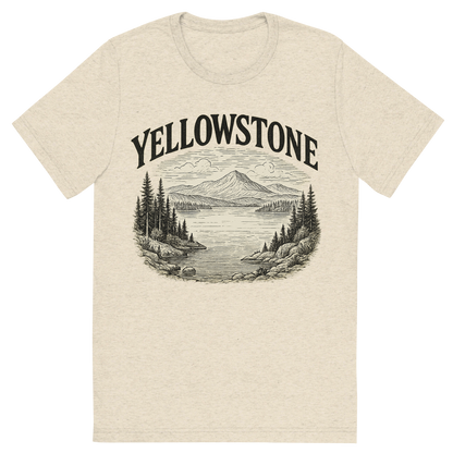 Front view of a Premium Tri-Blend Crew Neck T-Shirt in Oatmeal showing 'A typographic, nostalgic graphic of a typographic illustration of the words 'yellowstone' with a vintage line art drawing of the yellowstone lake'