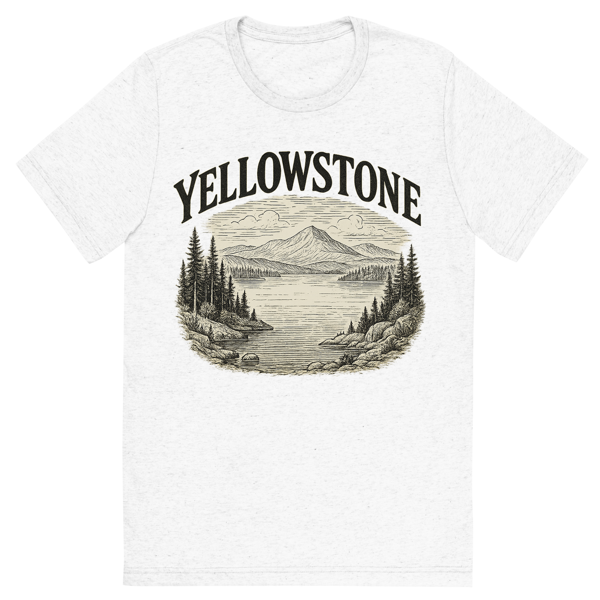 Front view of a Premium Tri-Blend Crew Neck T-Shirt in Solid White showing 'A typographic, nostalgic graphic of a typographic illustration of the words 'yellowstone' with a vintage line art drawing of the yellowstone lake'