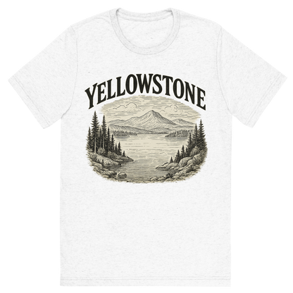 Front view of a Premium Tri-Blend Crew Neck T-Shirt in Solid White showing 'A typographic, nostalgic graphic of a typographic illustration of the words 'yellowstone' with a vintage line art drawing of the yellowstone lake'
