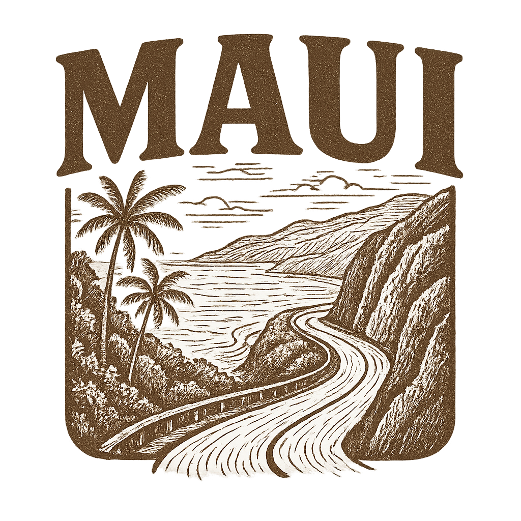 A typographic, nostalgic graphic of a typographic illustration of the words 'maui' with a vintage line art drawing of the road to hana – a t-shirt design