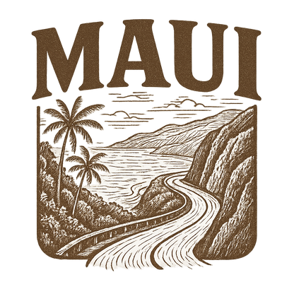 A typographic, nostalgic graphic of a typographic illustration of the words 'maui' with a vintage line art drawing of the road to hana – a t-shirt design