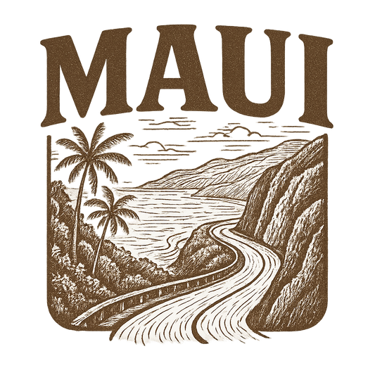 A typographic, nostalgic graphic of a typographic illustration of the words 'maui' with a vintage line art drawing of the road to hana – a t-shirt design