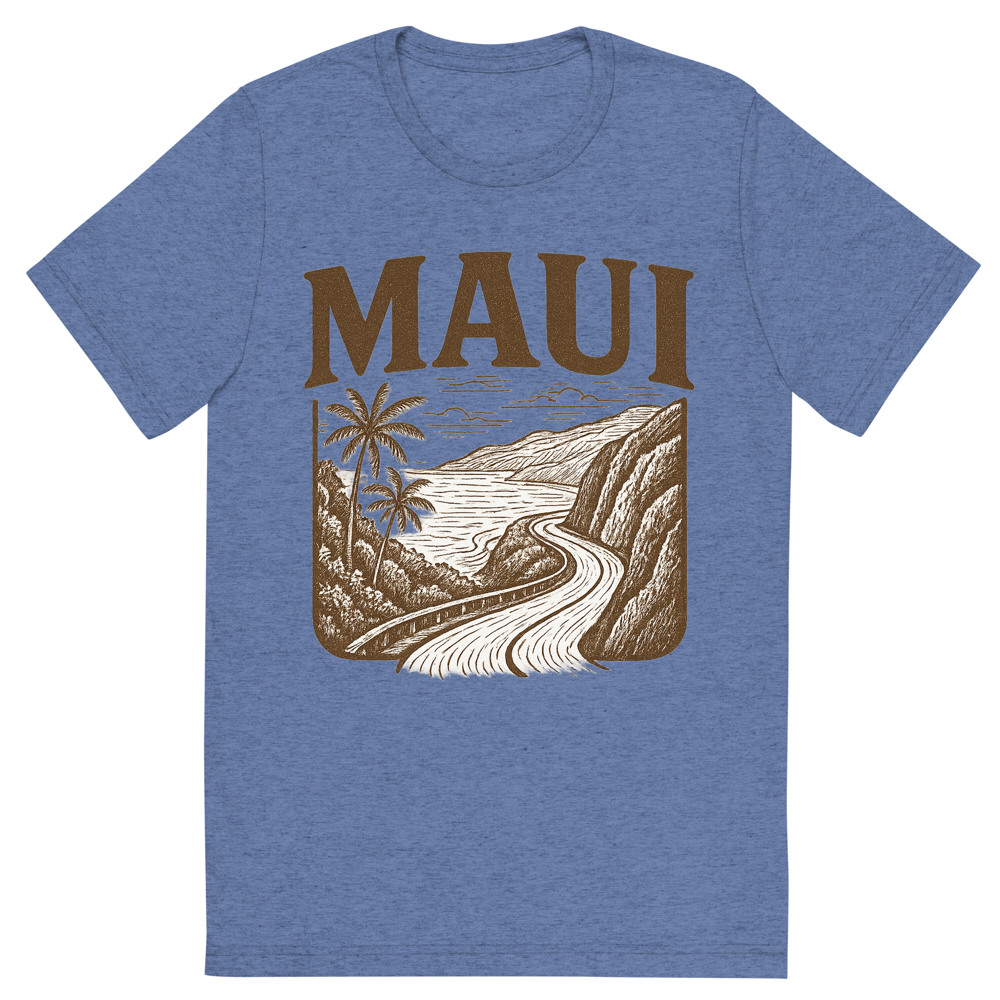 Front view of a Premium Tri-Blend Crew Neck T-Shirt in Blue showing 'A typographic, nostalgic graphic of a typographic illustration of the words 'maui' with a vintage line art drawing of the road to hana'