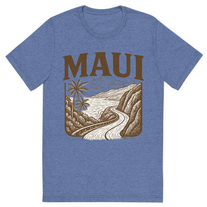Front view of a Premium Tri-Blend Crew Neck T-Shirt in Blue showing 'A typographic, nostalgic graphic of a typographic illustration of the words 'maui' with a vintage line art drawing of the road to hana'