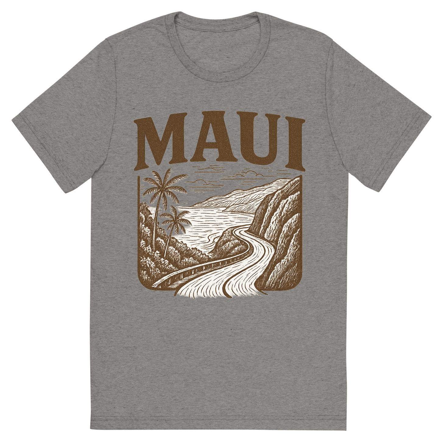 Front view of a Premium Tri-Blend Crew Neck T-Shirt in Grey showing 'A typographic, nostalgic graphic of a typographic illustration of the words 'maui' with a vintage line art drawing of the road to hana'