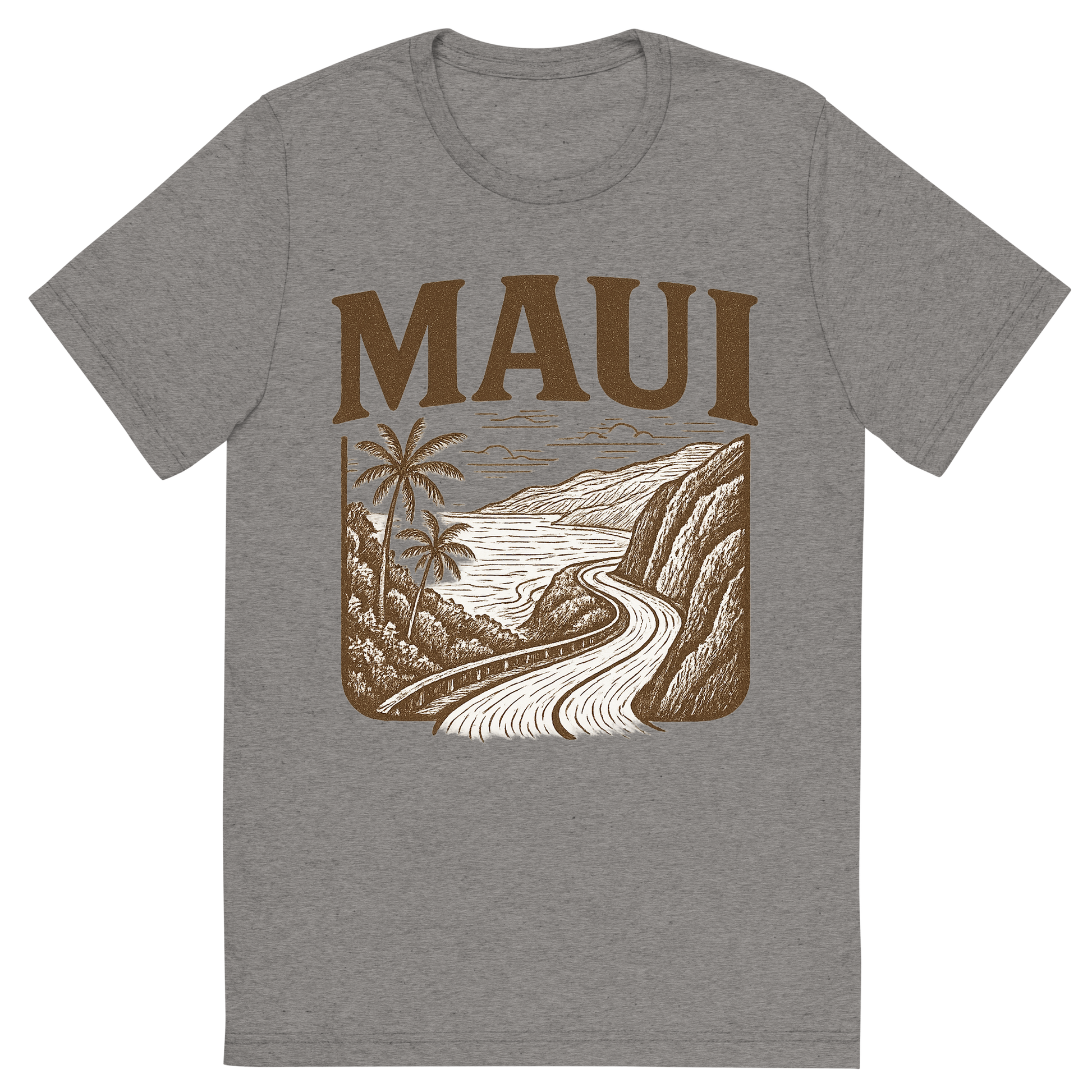 Front view of a Premium Tri-Blend Crew Neck T-Shirt in Grey showing 'A typographic, nostalgic graphic of a typographic illustration of the words 'maui' with a vintage line art drawing of the road to hana'