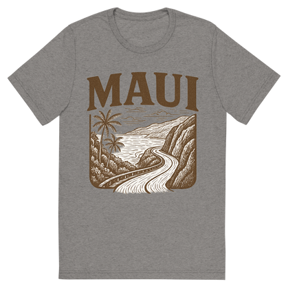 Front view of a Premium Tri-Blend Crew Neck T-Shirt in Grey showing 'A typographic, nostalgic graphic of a typographic illustration of the words 'maui' with a vintage line art drawing of the road to hana'