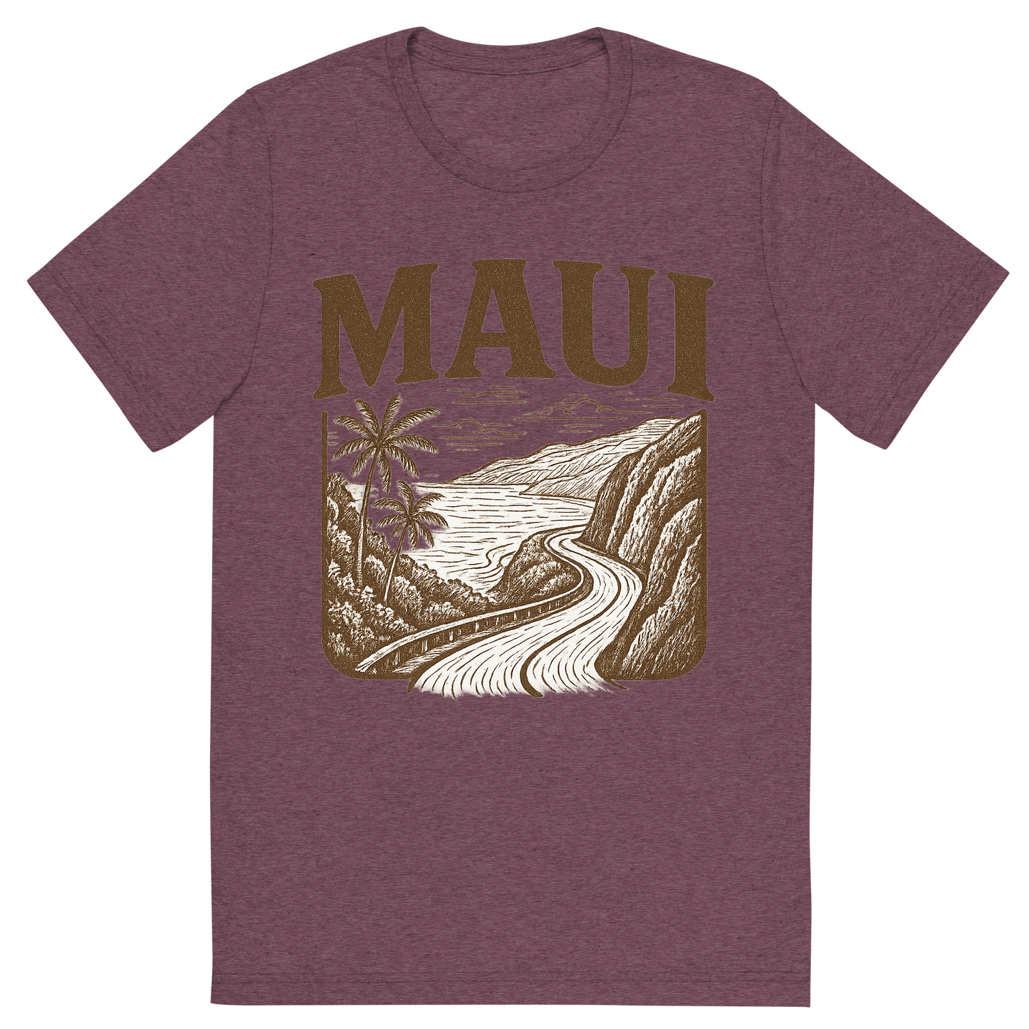 Front view of a Premium Tri-Blend Crew Neck T-Shirt in Maroon showing 'A typographic, nostalgic graphic of a typographic illustration of the words 'maui' with a vintage line art drawing of the road to hana'