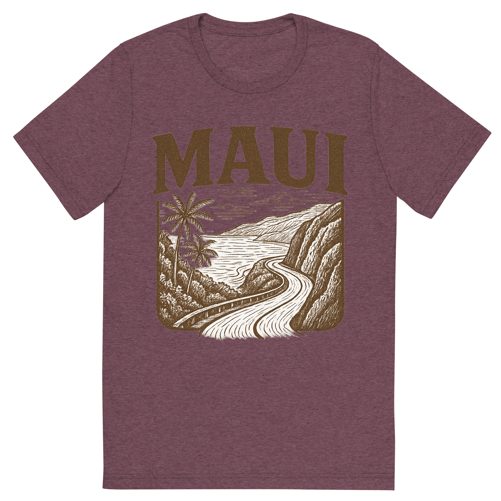 Front view of a Premium Tri-Blend Crew Neck T-Shirt in Maroon showing 'A typographic, nostalgic graphic of a typographic illustration of the words 'maui' with a vintage line art drawing of the road to hana'