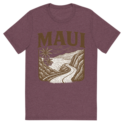 Front view of a Premium Tri-Blend Crew Neck T-Shirt in Maroon showing 'A typographic, nostalgic graphic of a typographic illustration of the words 'maui' with a vintage line art drawing of the road to hana'