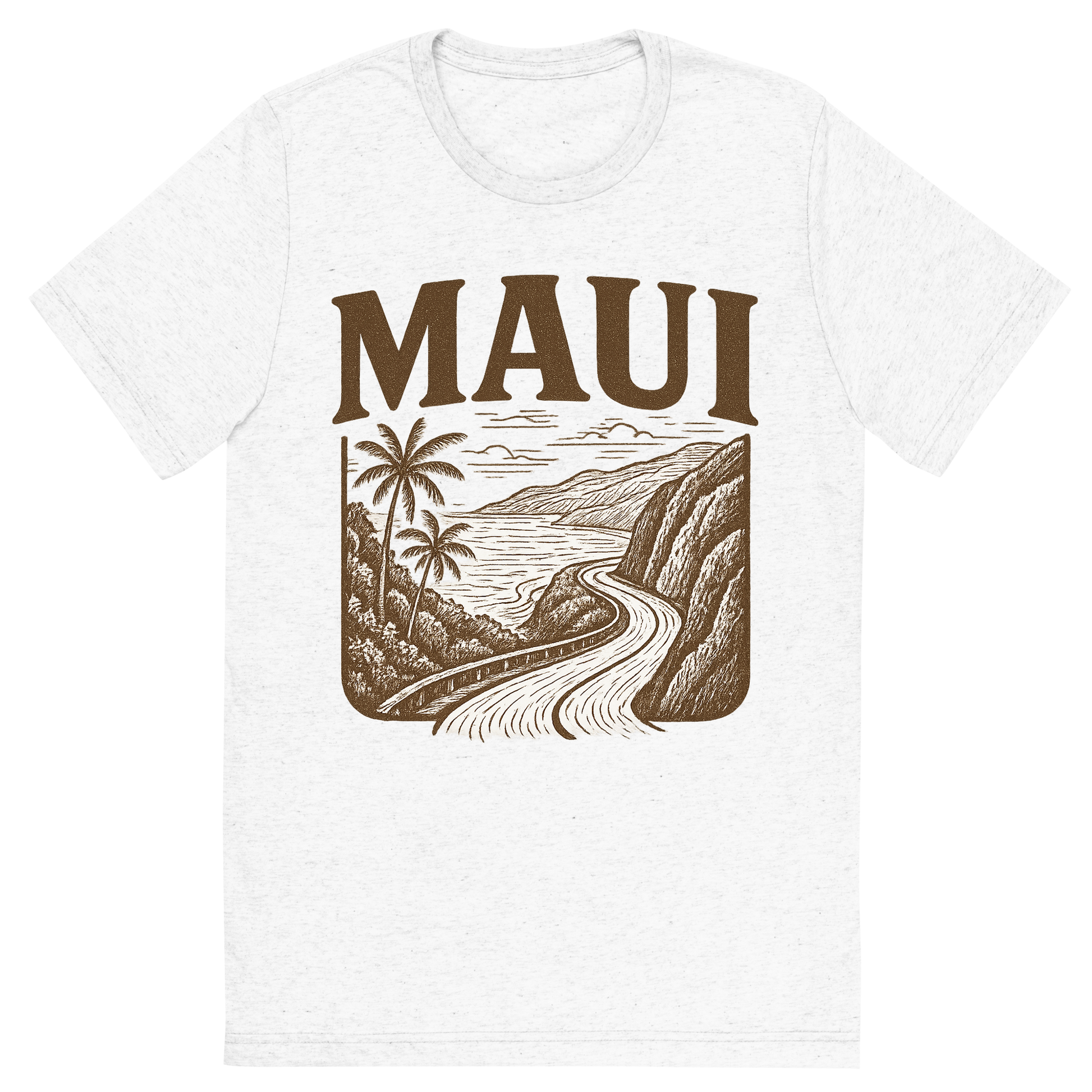 Front view of a Premium Tri-Blend Crew Neck T-Shirt in Solid White showing 'A typographic, nostalgic graphic of a typographic illustration of the words 'maui' with a vintage line art drawing of the road to hana'